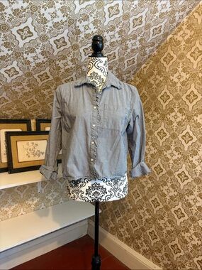 Vintage Blue and White Striped Cropped Style Button-Front Shirt